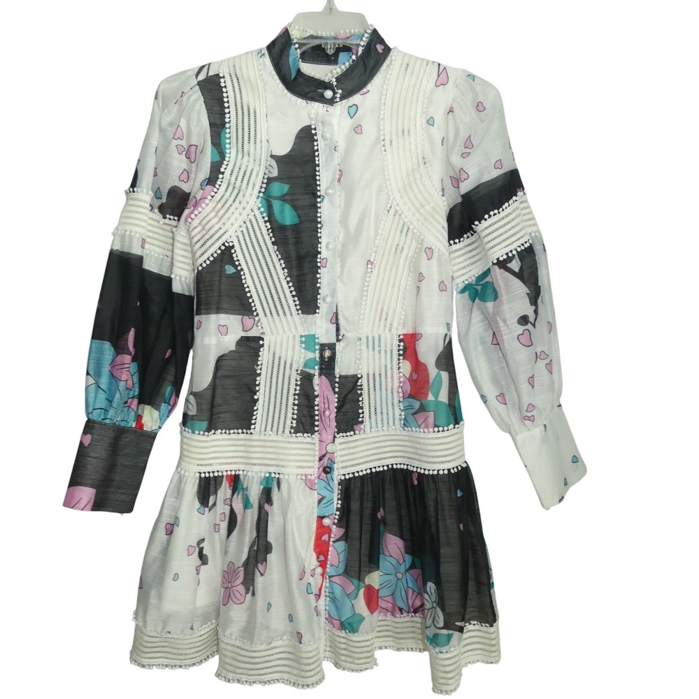 Beulah Floral Heart Eyelet Mini Dress SMALL Sheer Puff Sleeve Zip Cuff Artsy
